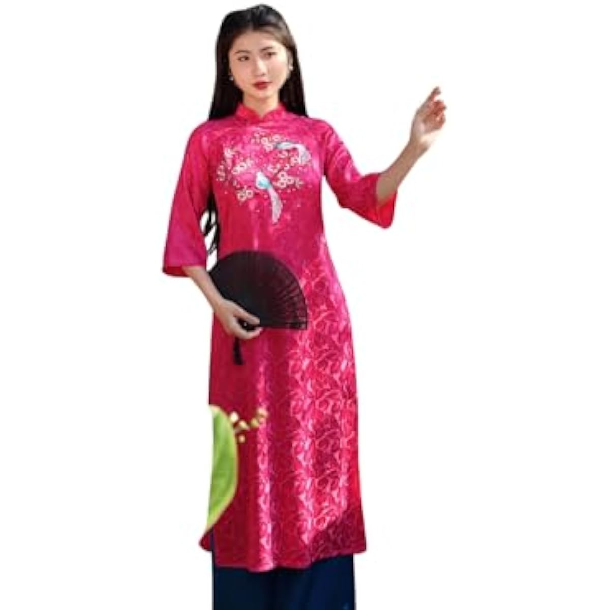 CuteSass Hot Pink Sparrow Pearls Leaf Gam Ao Dai Set w/Light Pink Gam Pants| Lunar New Year