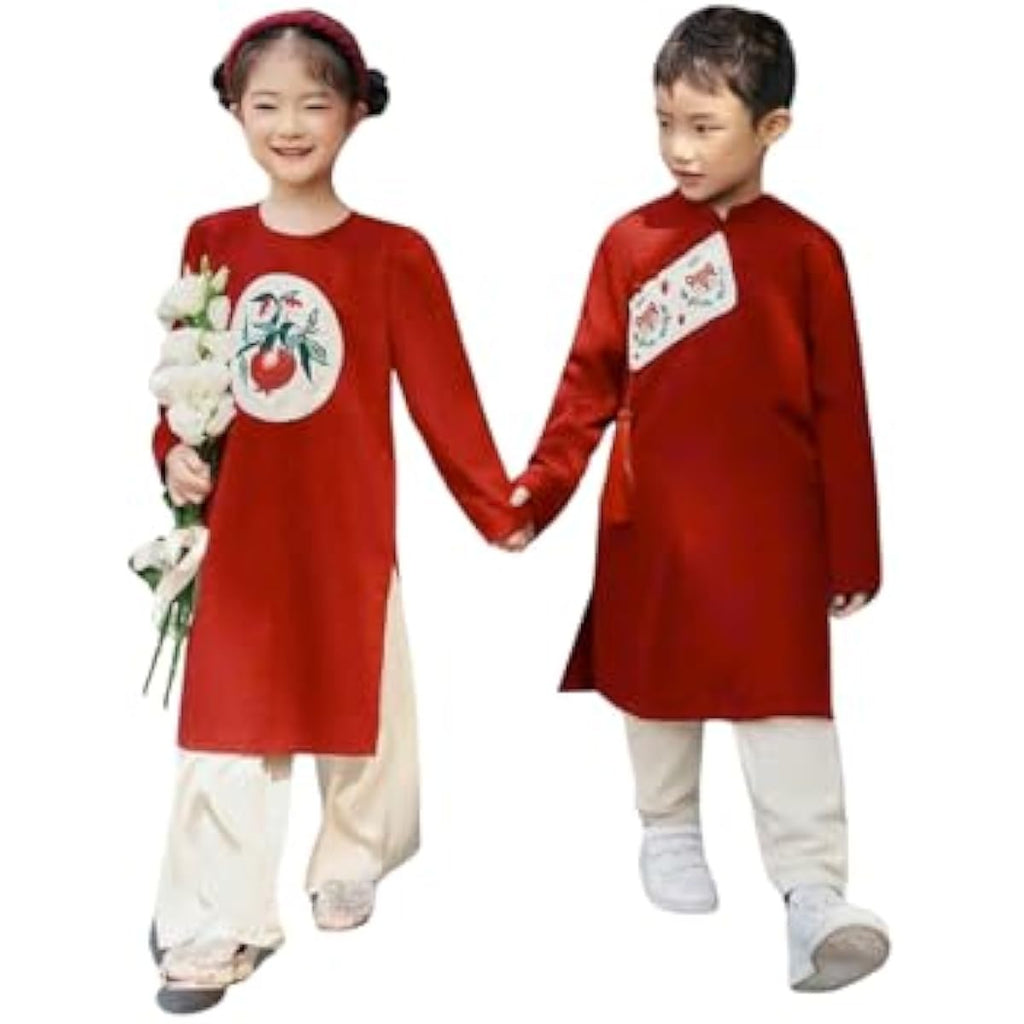 Sibling Red Chipmunk Ao Dai Set | Pre-Made Traditional Vietnamese Ao Dai | Lunar New Year | Ao Dai for Girl, Boy
