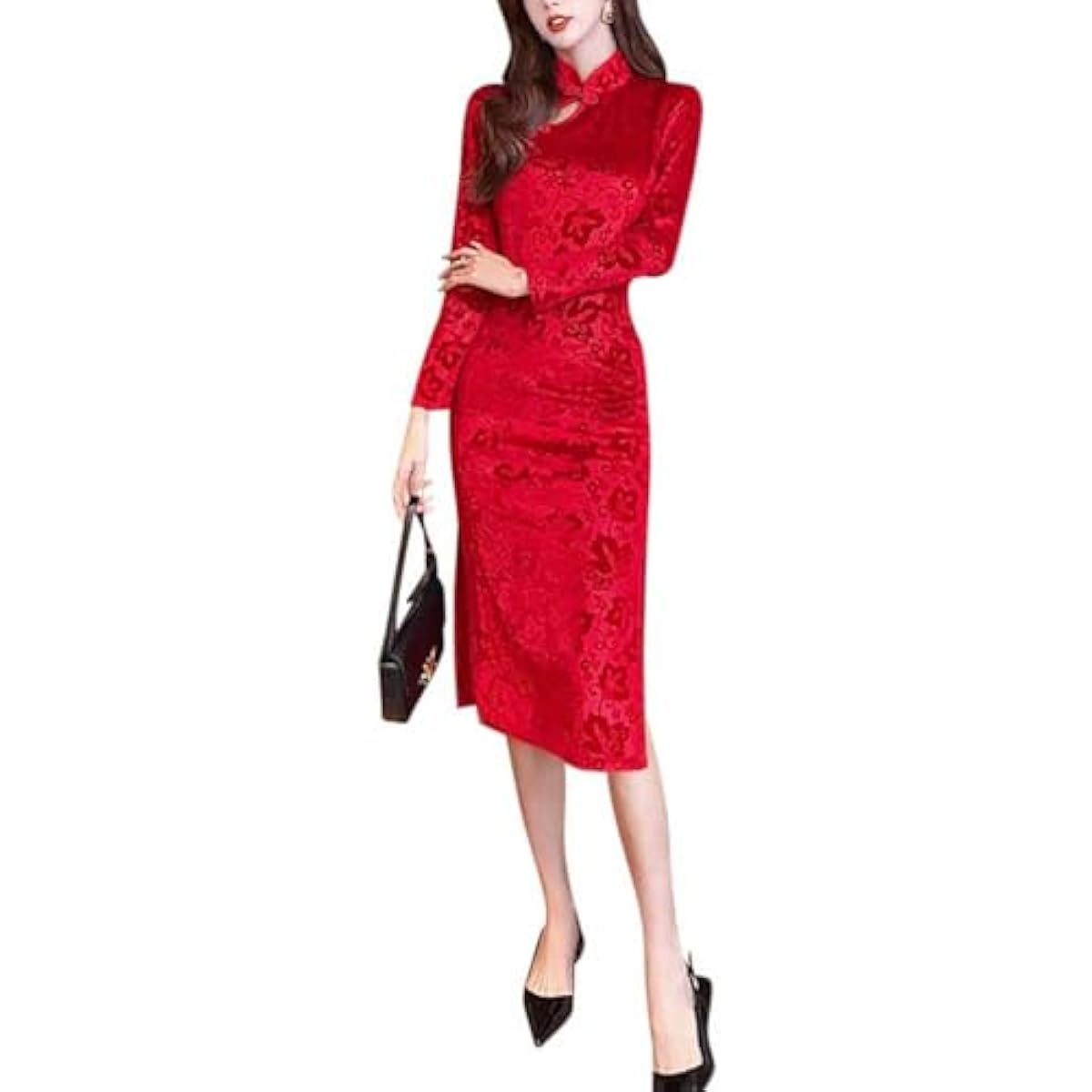 Women's Red Velvet Midi Cheongsam Qipao Dress Floral Embossed Chinese New Year Dress