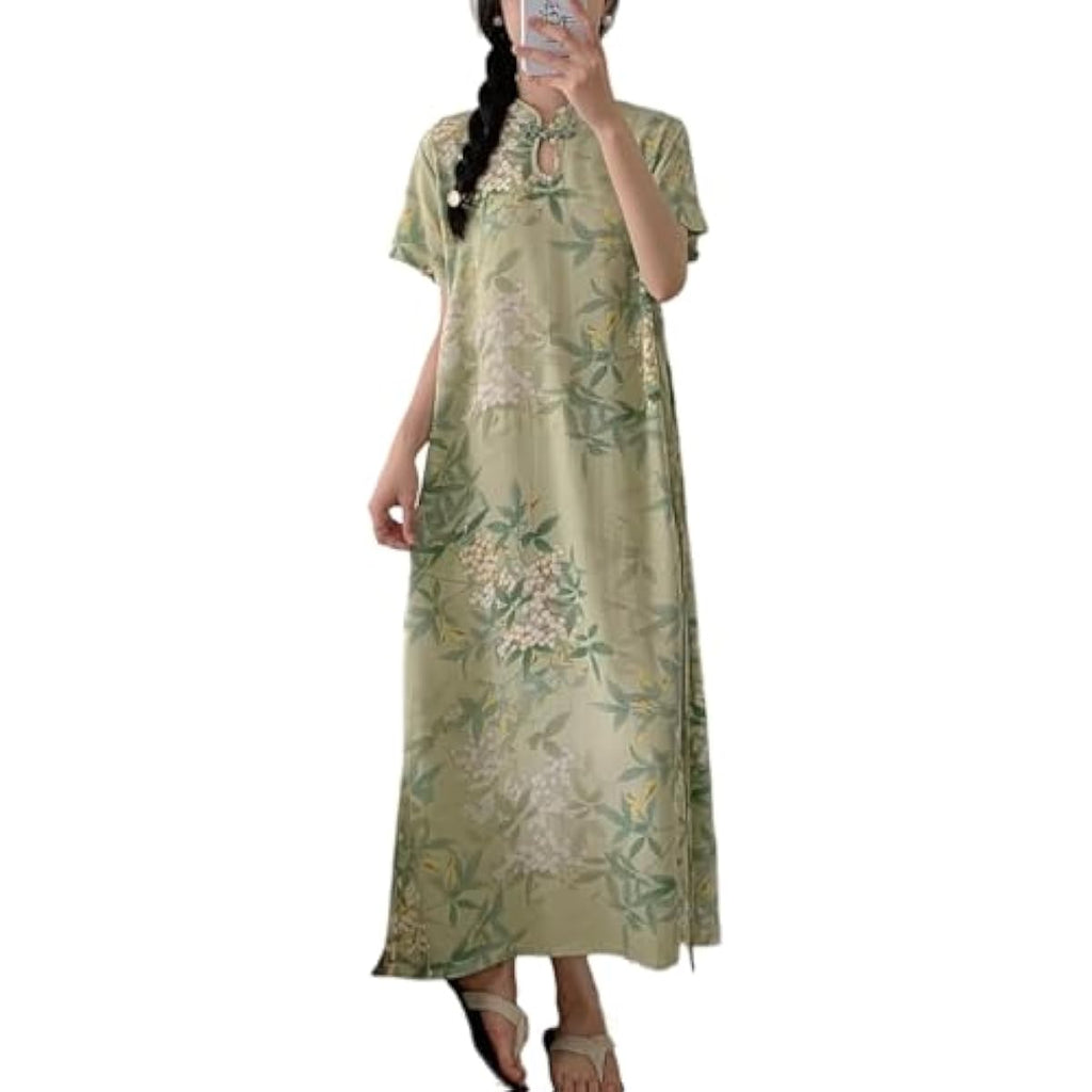 New Chinese Button Color Printed Retro Women's Short Sleeved Summer Loose and Niche Temperament Design Dress