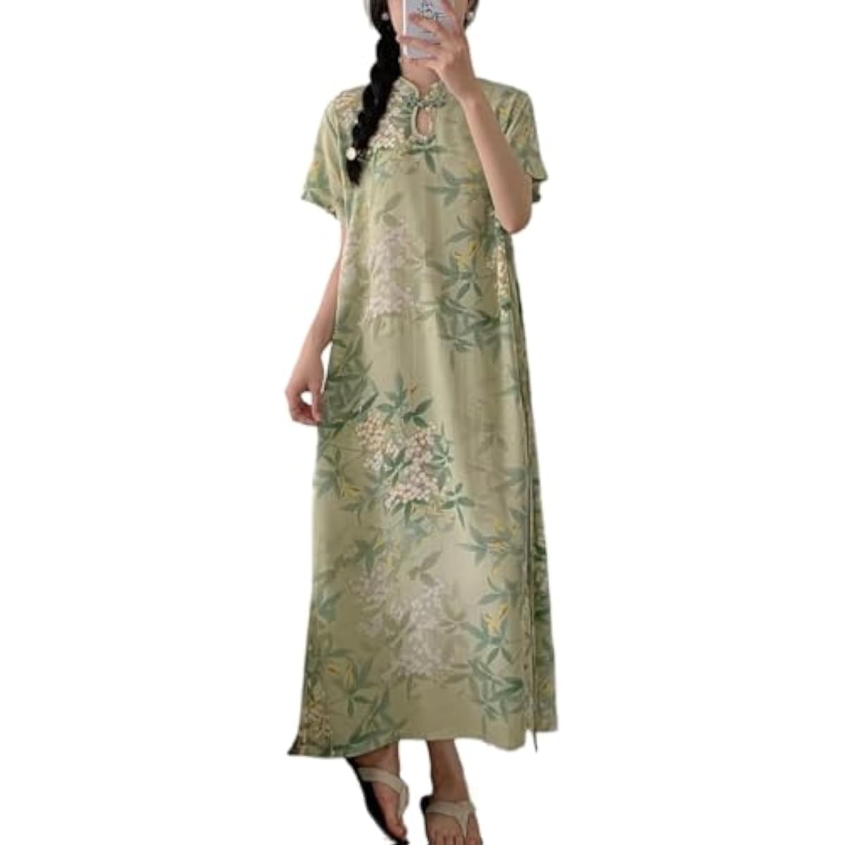 New Chinese Button Color Printed Retro Women's Short Sleeved Summer Loose and Niche Temperament Design Dress