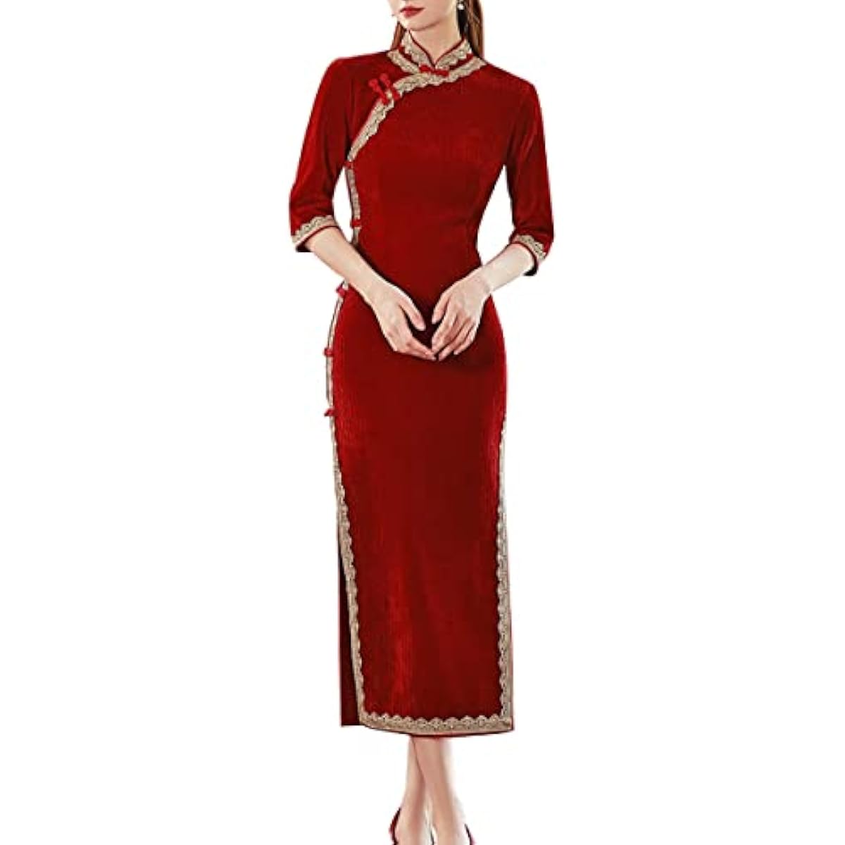 Women's Deluxe Corduroy Long Cheongsam Dress Vintage Half Sleeve Side Slit Chinese Qipao