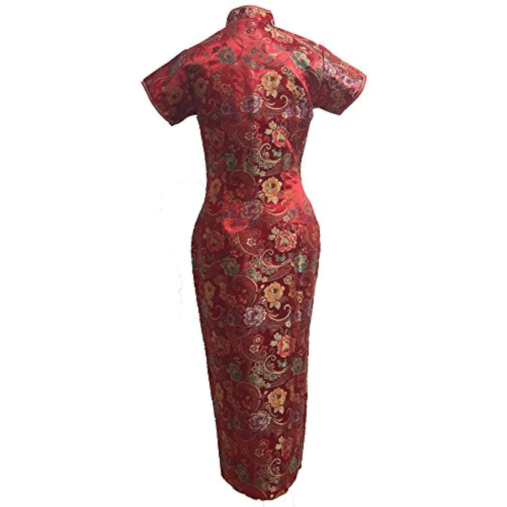 7Fairy Women's Red Long Chinese Floral Cheongsam Dress Ten Buttons
