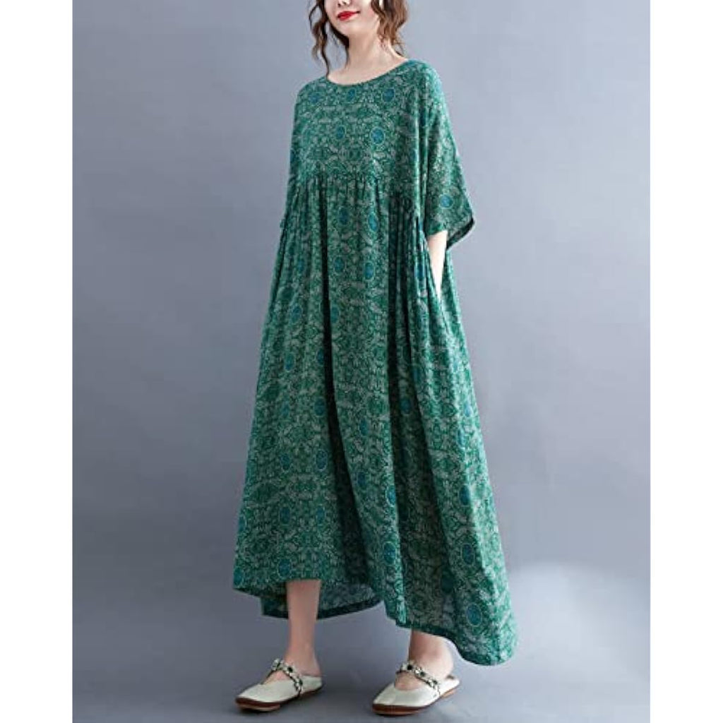 ellazhu Women's Plus Size Boho Maxi Dress with Half Sleeves Scoop Neck Bohemian Print for Summer Beachwear GA1396 A