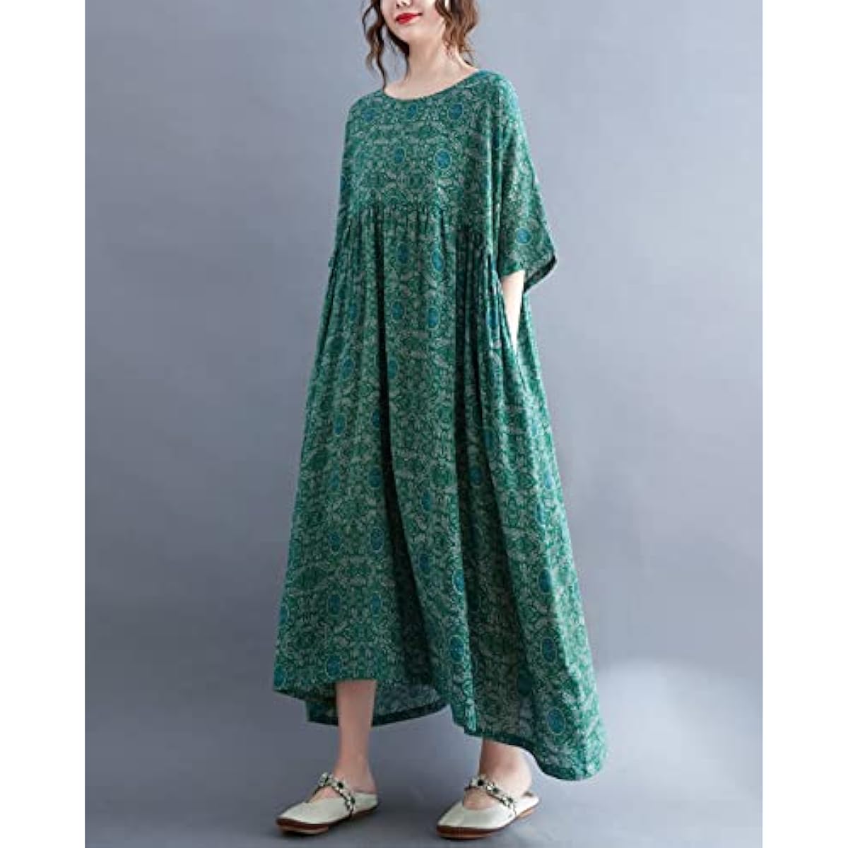 ellazhu Women's Plus Size Boho Maxi Dress with Half Sleeves Scoop Neck Bohemian Print for Summer Beachwear GA1396 A