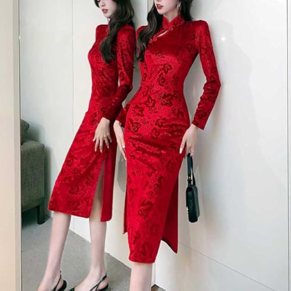 Women's Red Velvet Midi Cheongsam Qipao Dress Floral Embossed Chinese New Year Dress