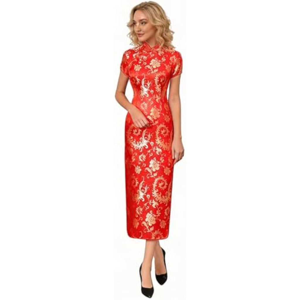 Chinese Women's Cheongsam Qipao Dress Slim Bodycon Exotic Long Split Dresses Wedding Costumes Gown Vintage Lunar New Year