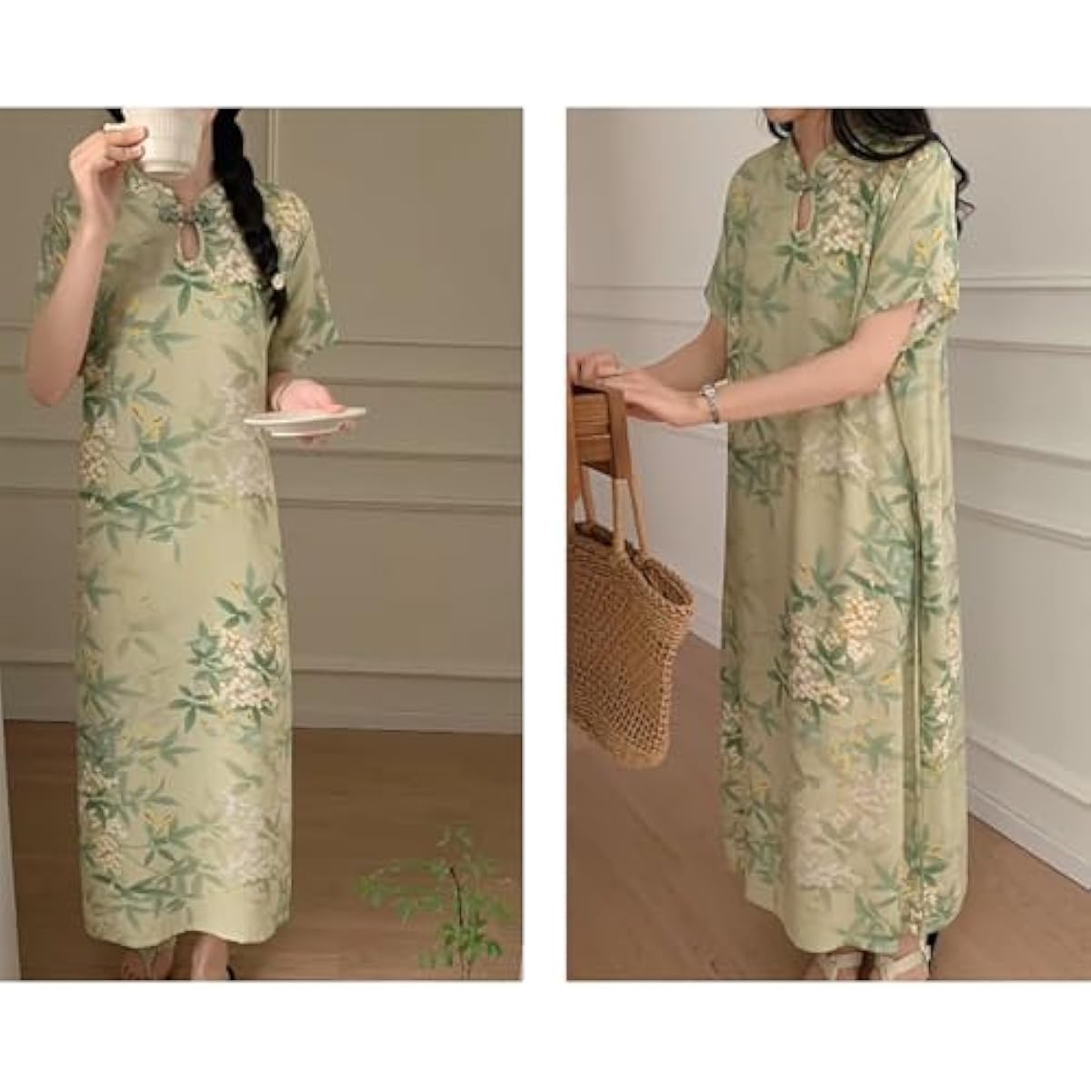 New Chinese Button Color Printed Retro Women's Short Sleeved Summer Loose and Niche Temperament Design Dress