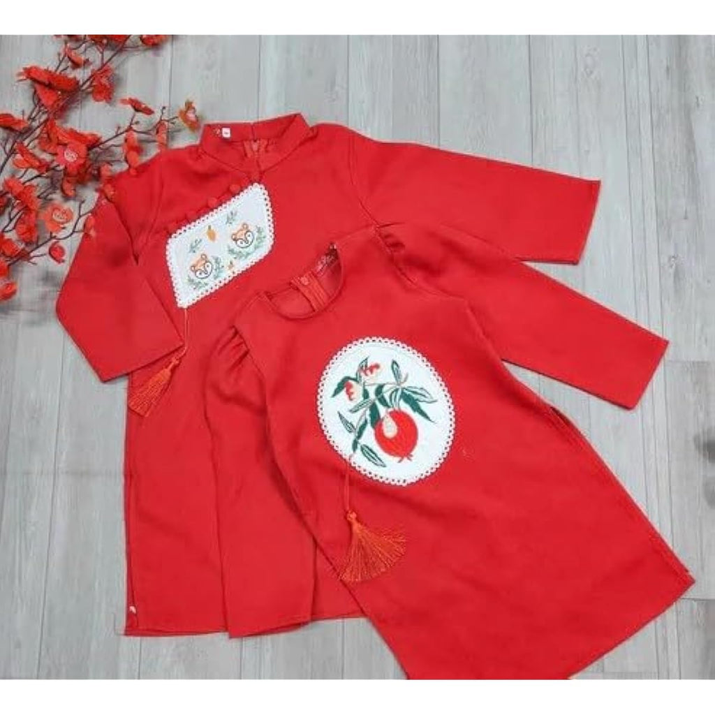 Sibling Red Chipmunk Ao Dai Set | Pre-Made Traditional Vietnamese Ao Dai | Lunar New Year | Ao Dai for Girl, Boy