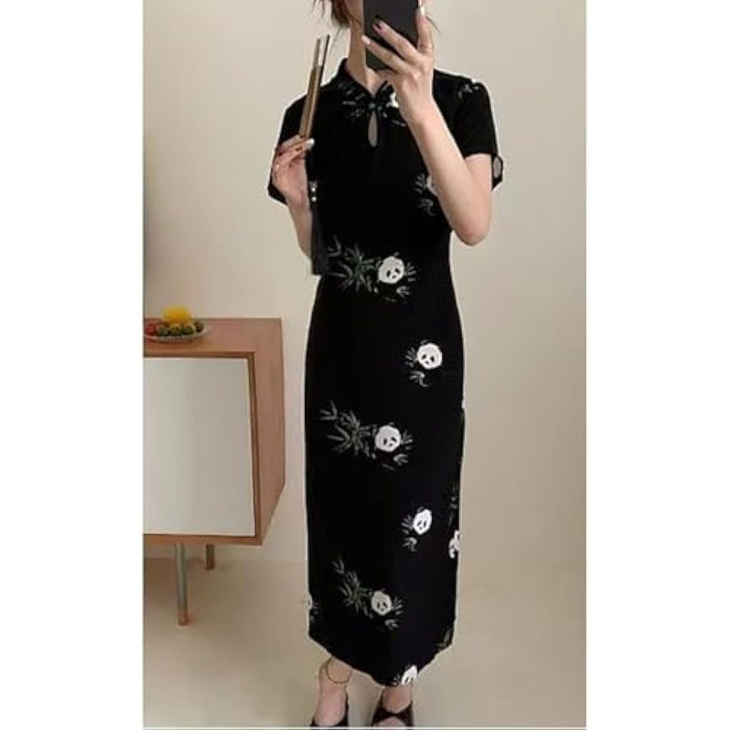 New Chinese Button Color Printed Retro Women's Short Sleeved Summer Loose and Niche Temperament Design Dress
