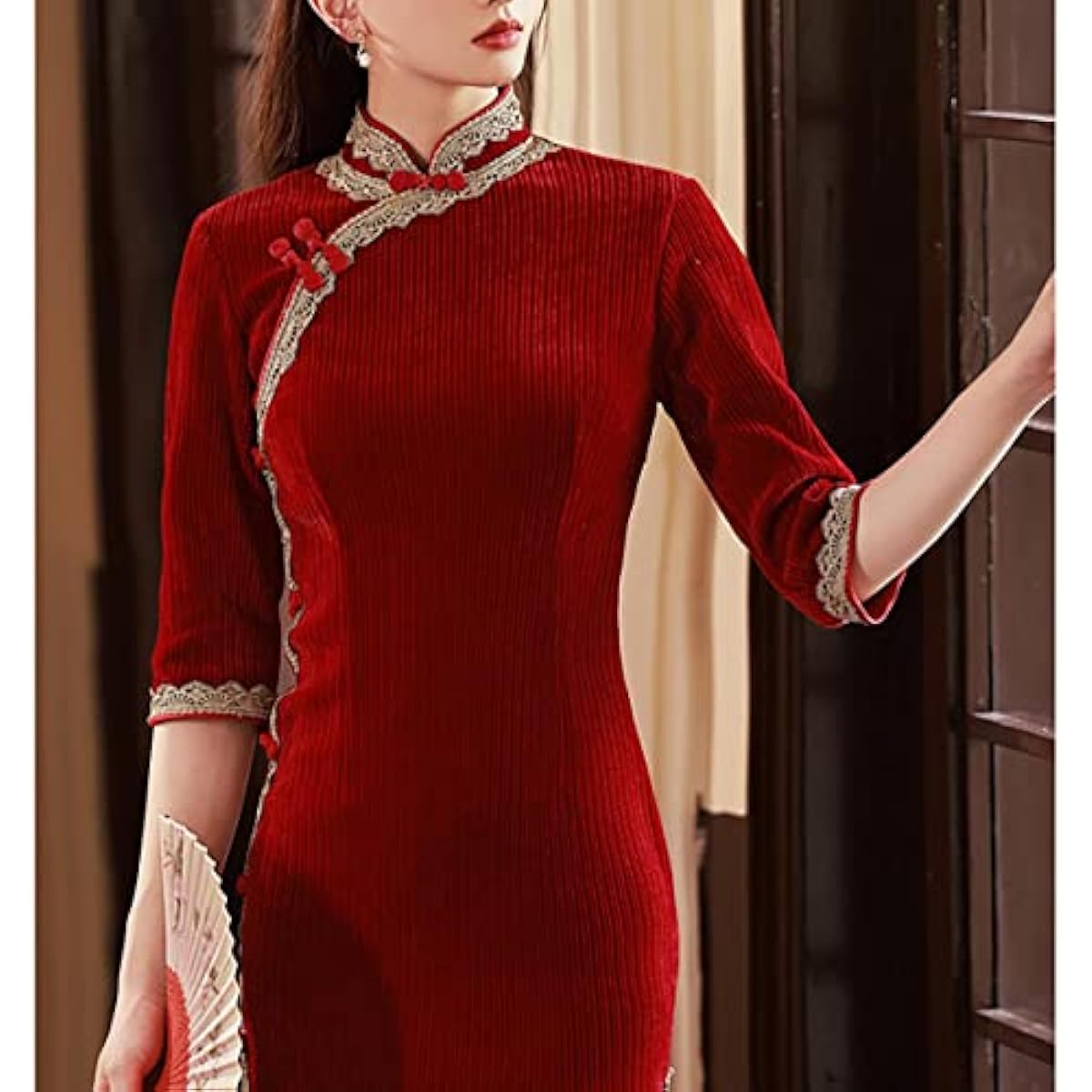 Women's Deluxe Corduroy Long Cheongsam Dress Vintage Half Sleeve Side Slit Chinese Qipao