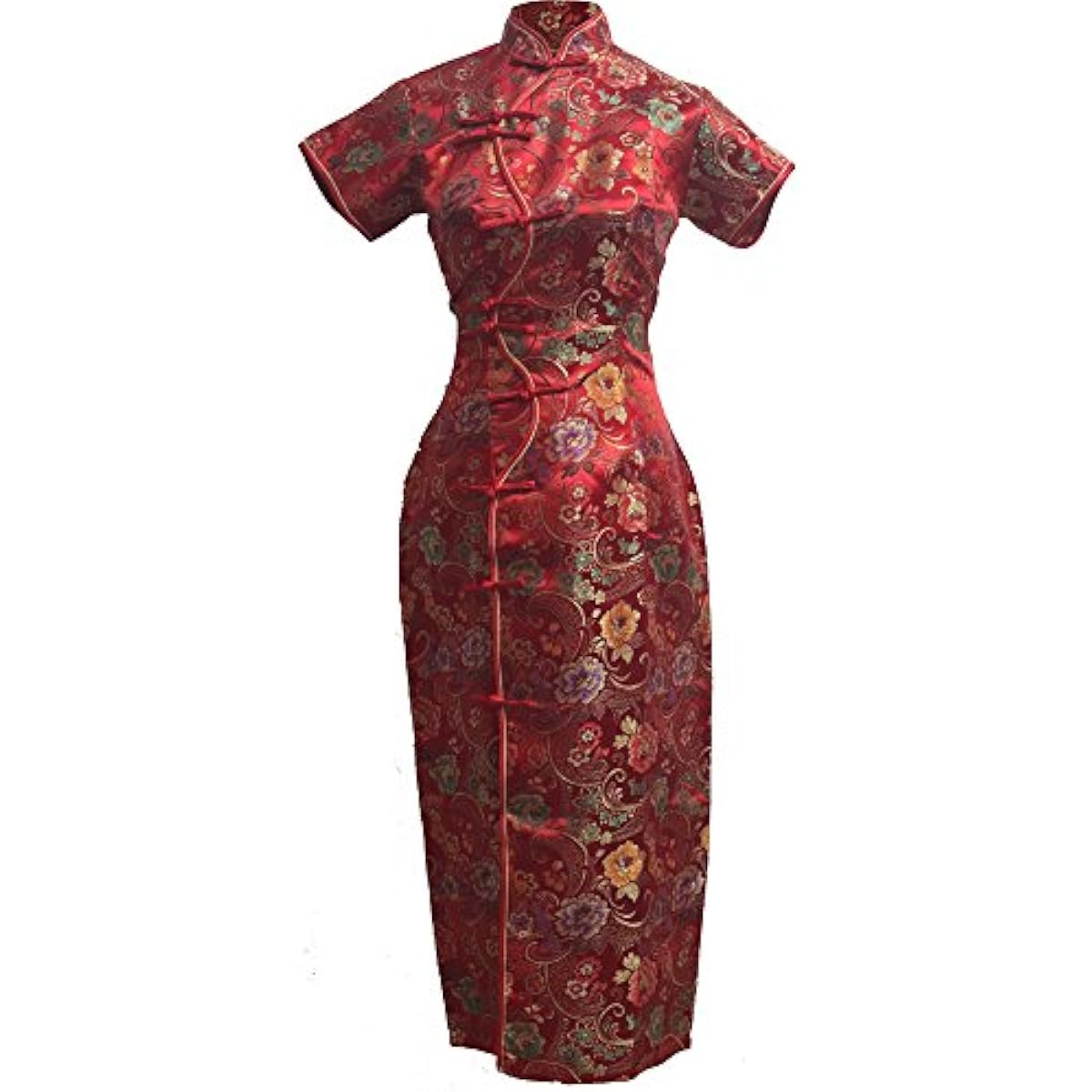 7Fairy Women's Red Long Chinese Floral Cheongsam Dress Ten Buttons