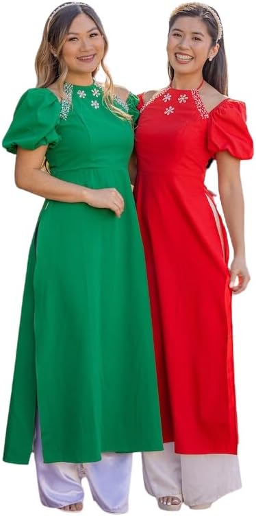 CuteSass Sparkle Puffy Sleeve Ao Dai Set | Pre-made Modernized Vietnamese Ao Dai | Women Ao Dai with Pants | Lunar New Year