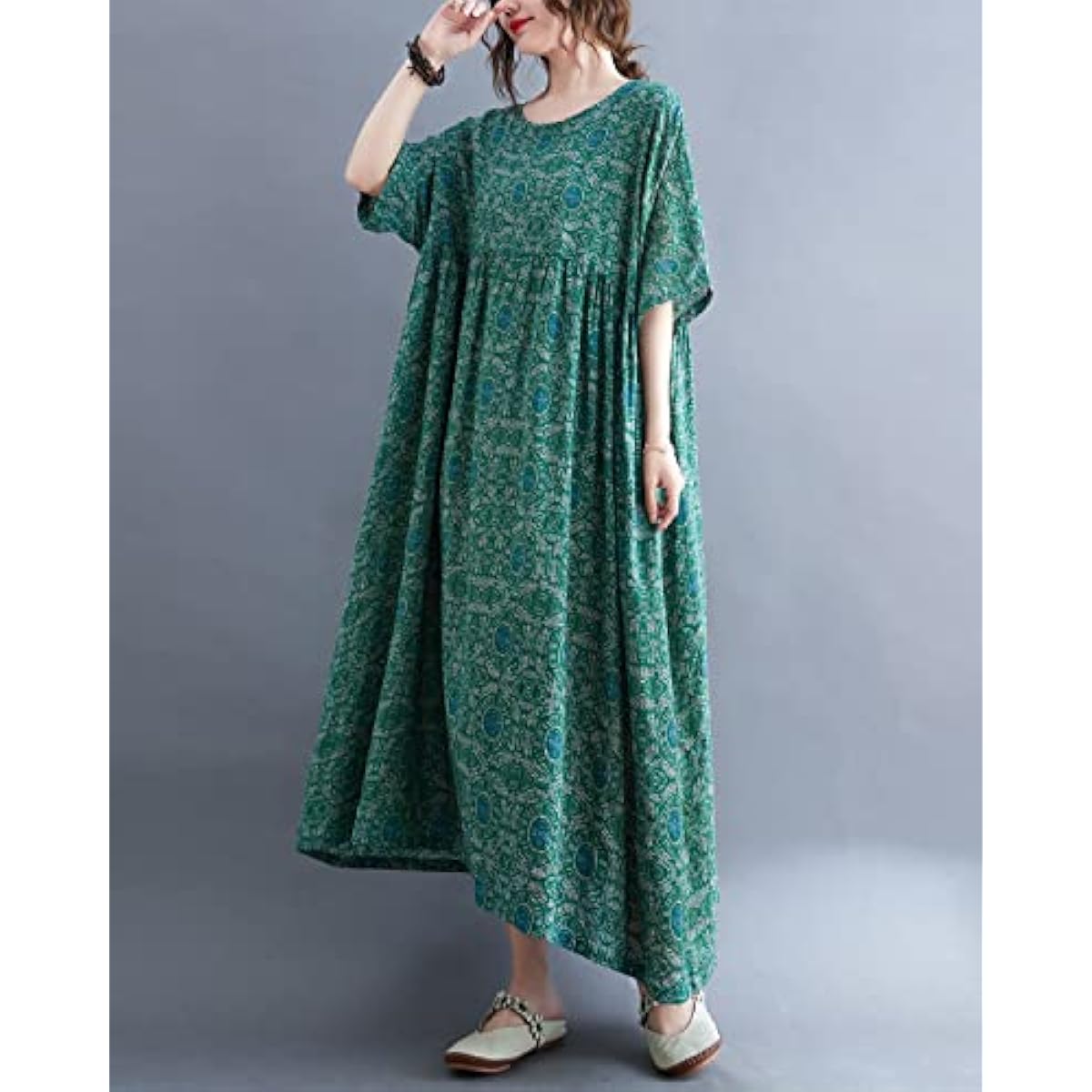 ellazhu Women's Plus Size Boho Maxi Dress with Half Sleeves Scoop Neck Bohemian Print for Summer Beachwear GA1396 A