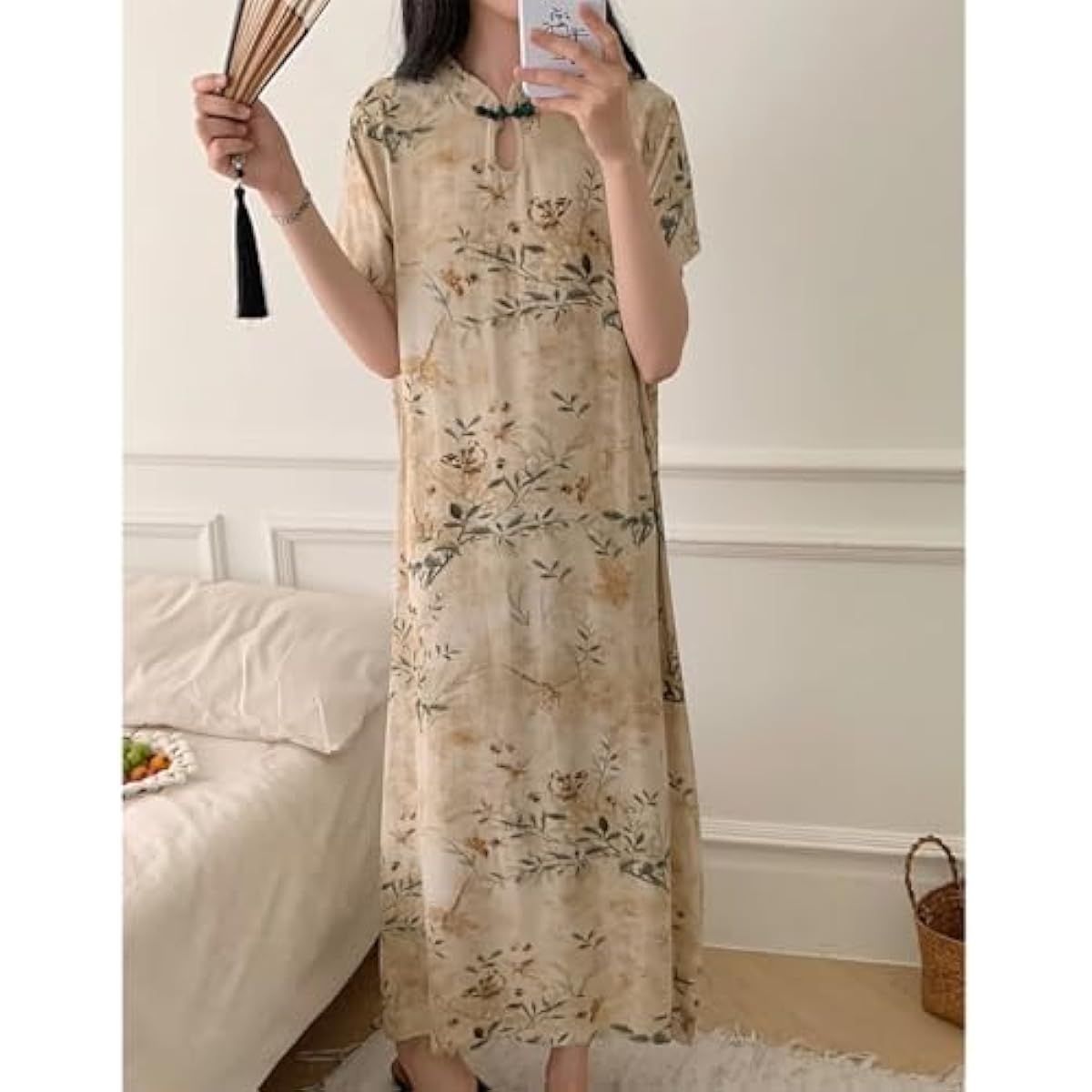 New Chinese Button Color Printed Retro Women's Short Sleeved Summer Loose and Niche Temperament Design Dress