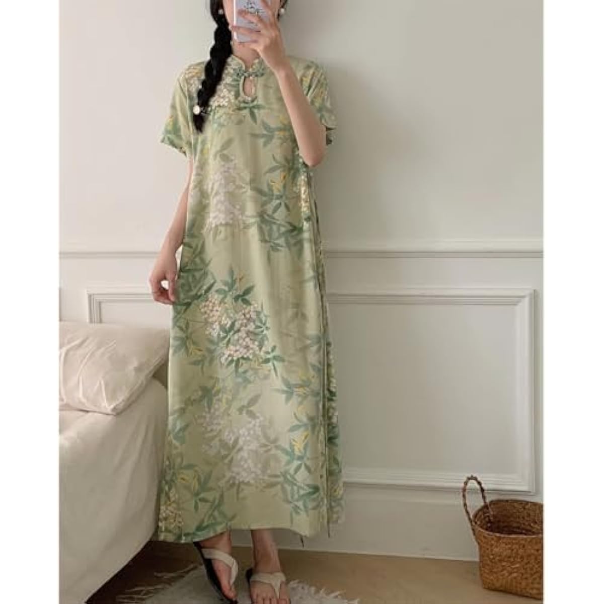 New Chinese Button Color Printed Retro Women's Short Sleeved Summer Loose and Niche Temperament Design Dress