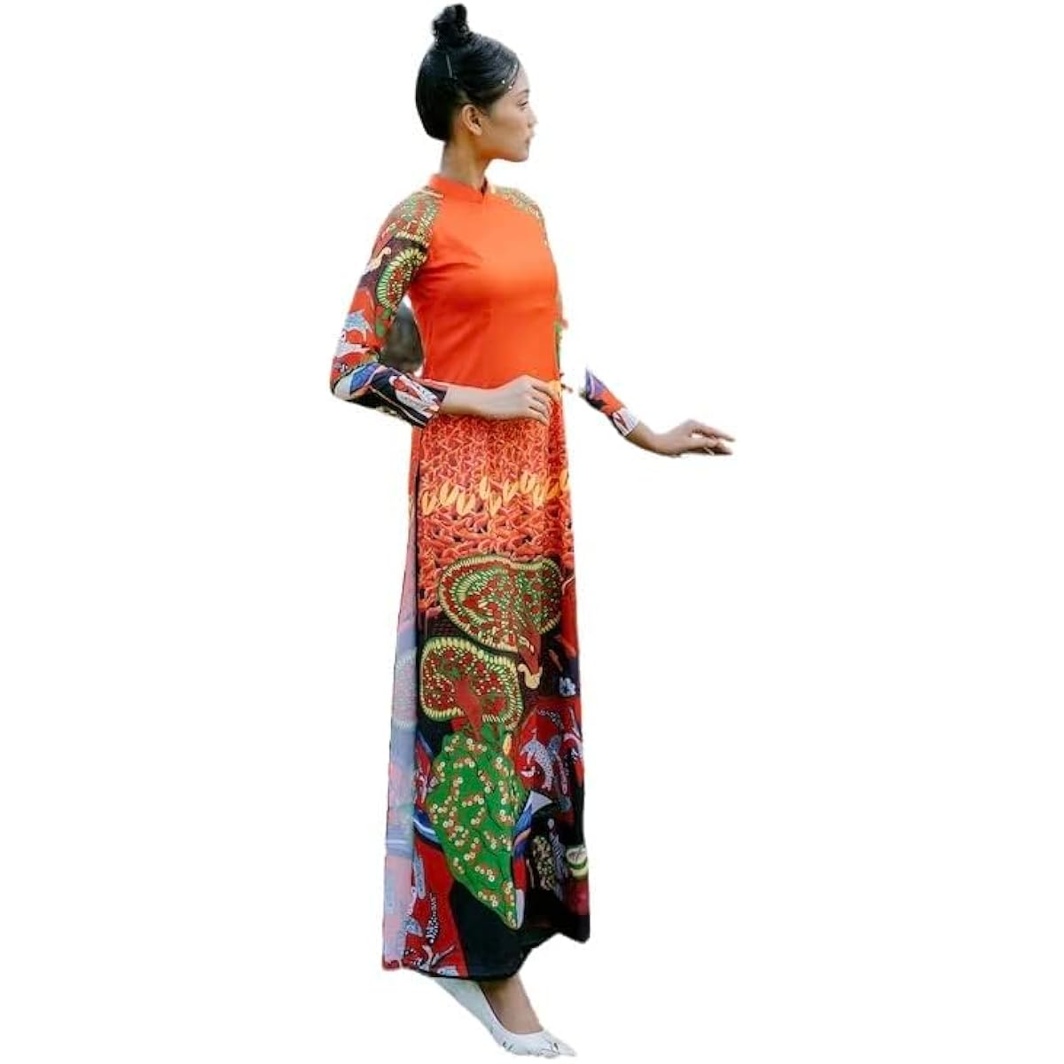 CuteSass Silk Orange Red Pattern Ao Dai Set, Pre-made Traditional Vietnamese Ao Dai, Women Ao Dai with Pants, Lunar New Year