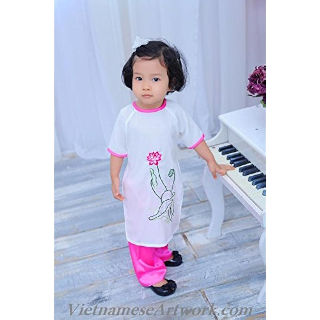 VietnameseArtwork.com Ao Dai for Children - Size#1 (Smaller Than US 1T - This Size is for Infant from 5 to 10 Months Old) Ao Dai with Embroidered Lotus and Pink Pants