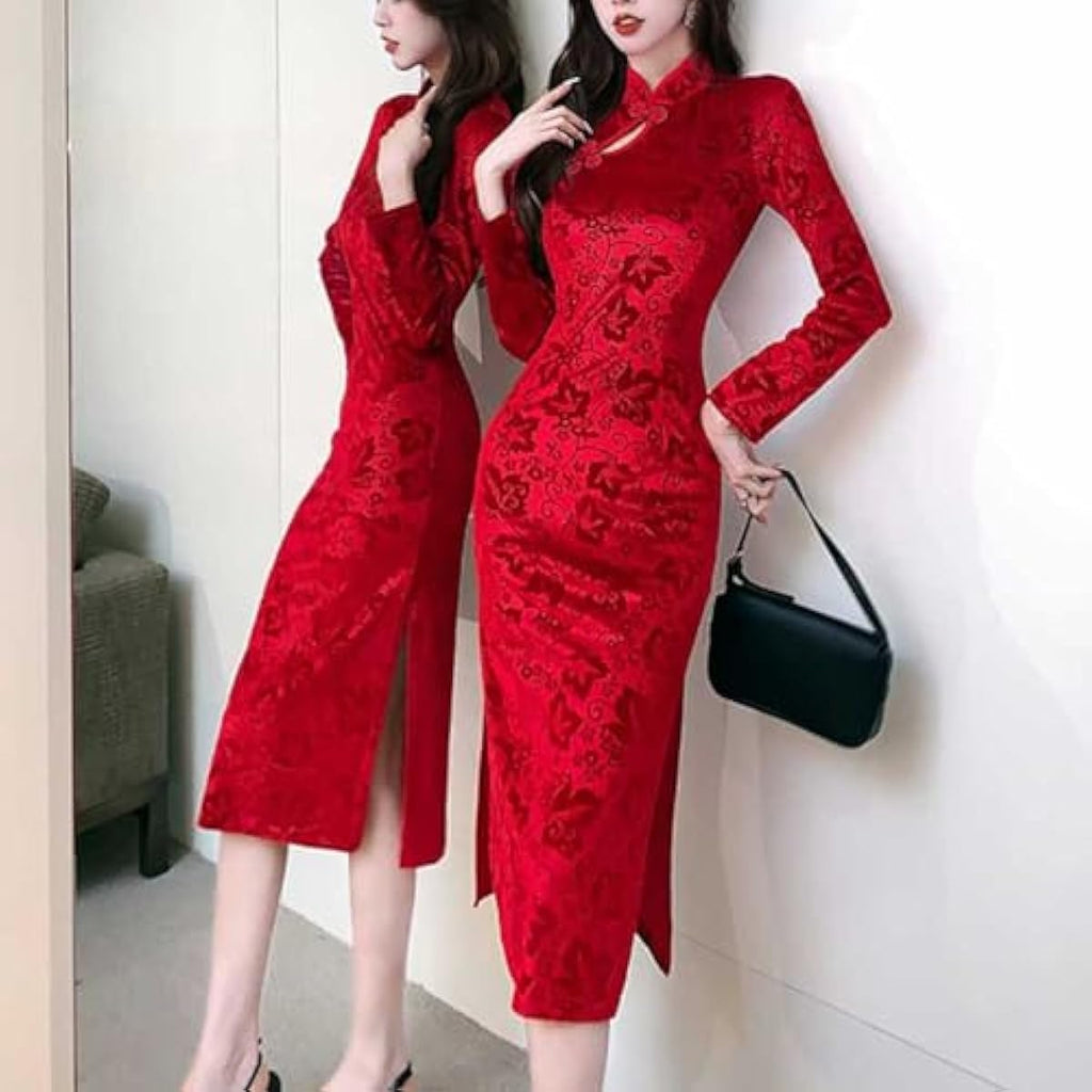Women's Red Velvet Midi Cheongsam Qipao Dress Floral Embossed Chinese New Year Dress