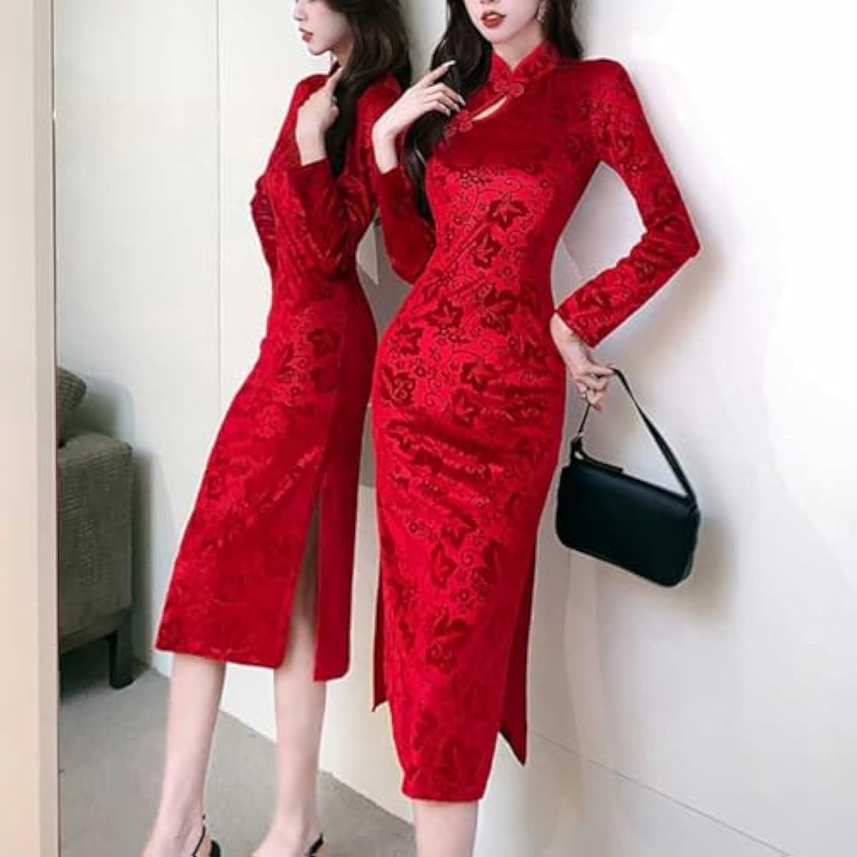 Women's Red Velvet Midi Cheongsam Qipao Dress Floral Embossed Chinese New Year Dress