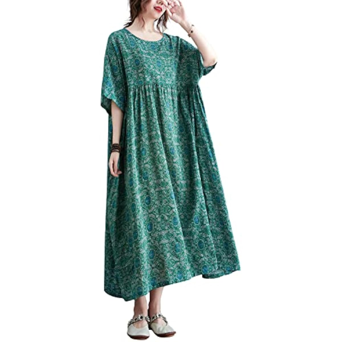 ellazhu Women's Plus Size Boho Maxi Dress with Half Sleeves Scoop Neck Bohemian Print for Summer Beachwear GA1396 A