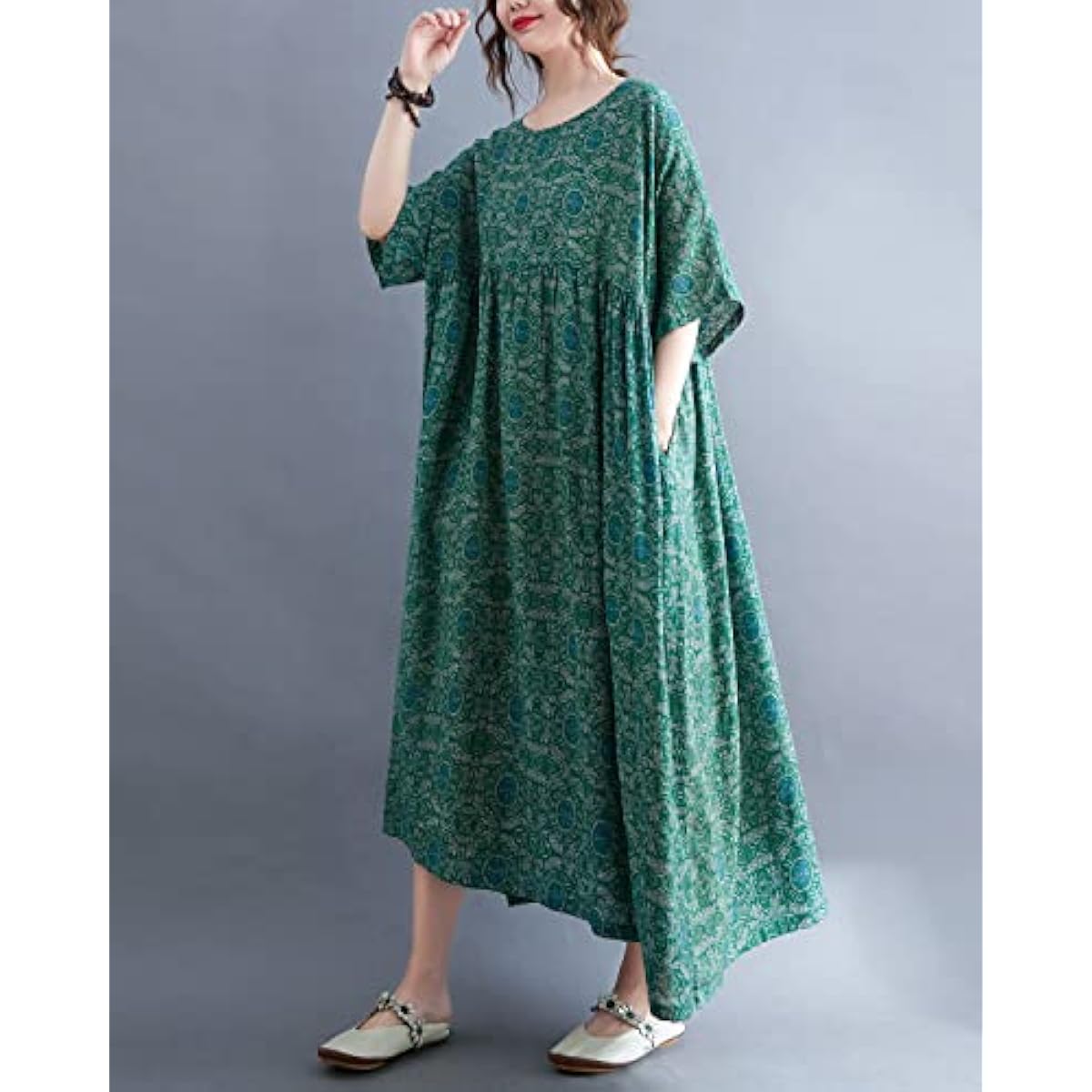 ellazhu Women's Plus Size Boho Maxi Dress with Half Sleeves Scoop Neck Bohemian Print for Summer Beachwear GA1396 A