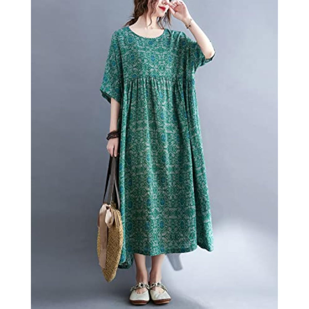 ellazhu Women's Plus Size Boho Maxi Dress with Half Sleeves Scoop Neck Bohemian Print for Summer Beachwear GA1396 A