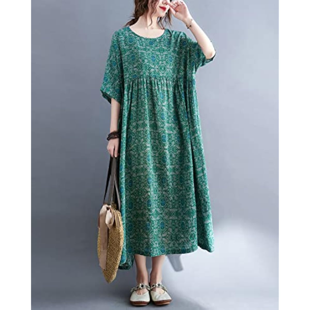 ellazhu Women's Plus Size Boho Maxi Dress with Half Sleeves Scoop Neck Bohemian Print for Summer Beachwear GA1396 A