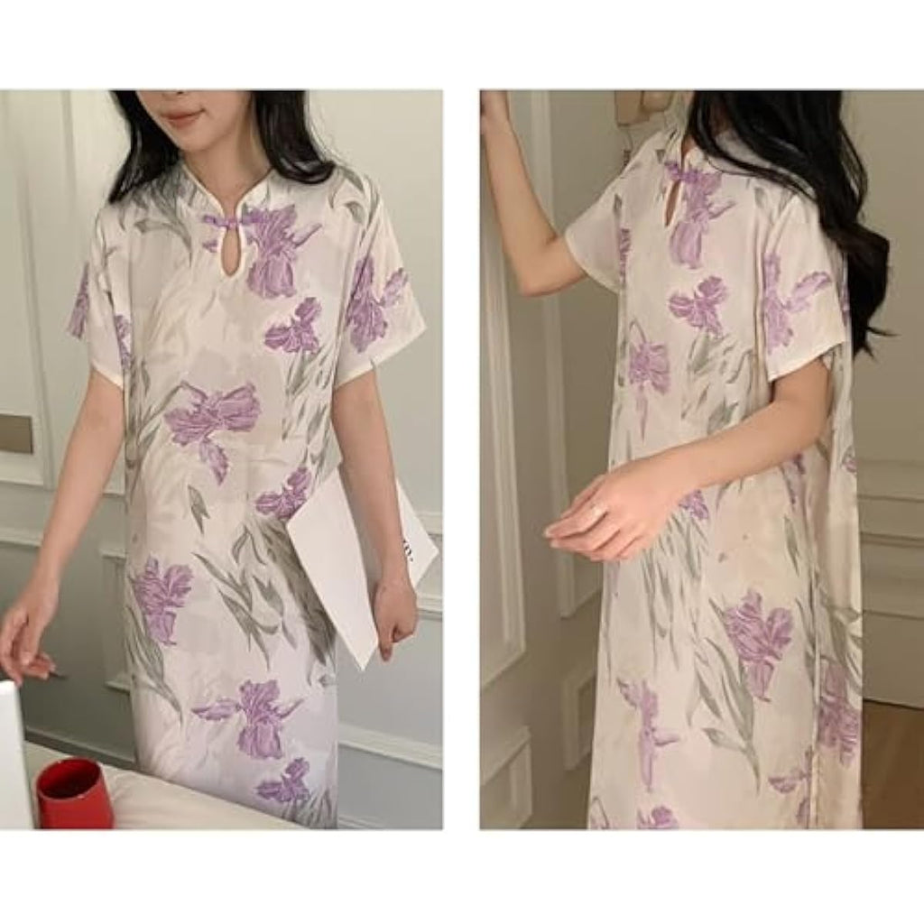 New Chinese Button Color Printed Retro Women's Short Sleeved Summer Loose and Niche Temperament Design Dress