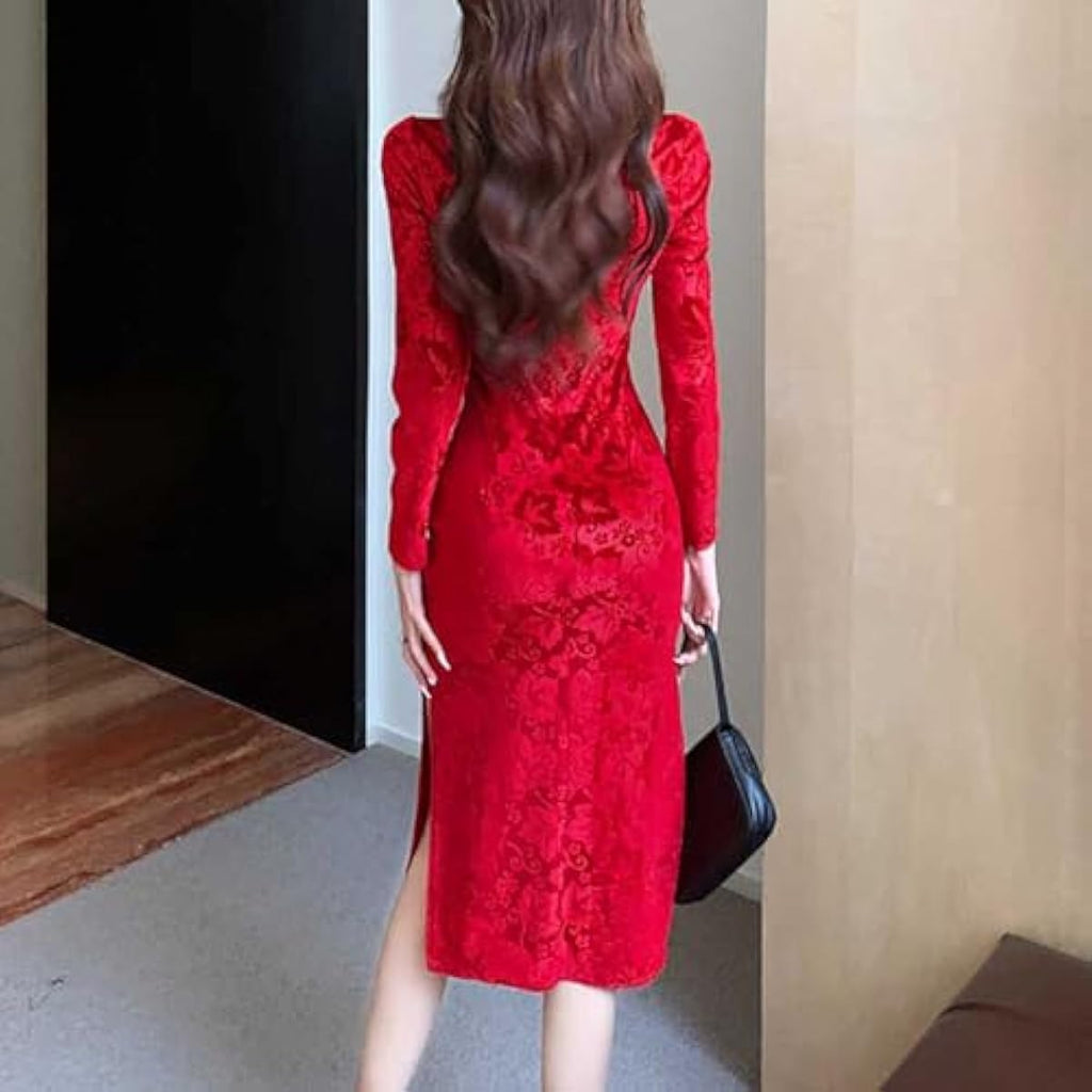 Women's Red Velvet Midi Cheongsam Qipao Dress Floral Embossed Chinese New Year Dress