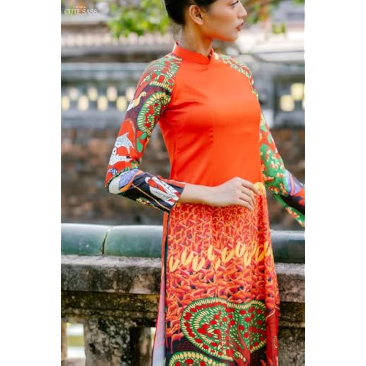 CuteSass Silk Orange Red Pattern Ao Dai Set, Pre-made Traditional Vietnamese Ao Dai, Women Ao Dai with Pants, Lunar New Year
