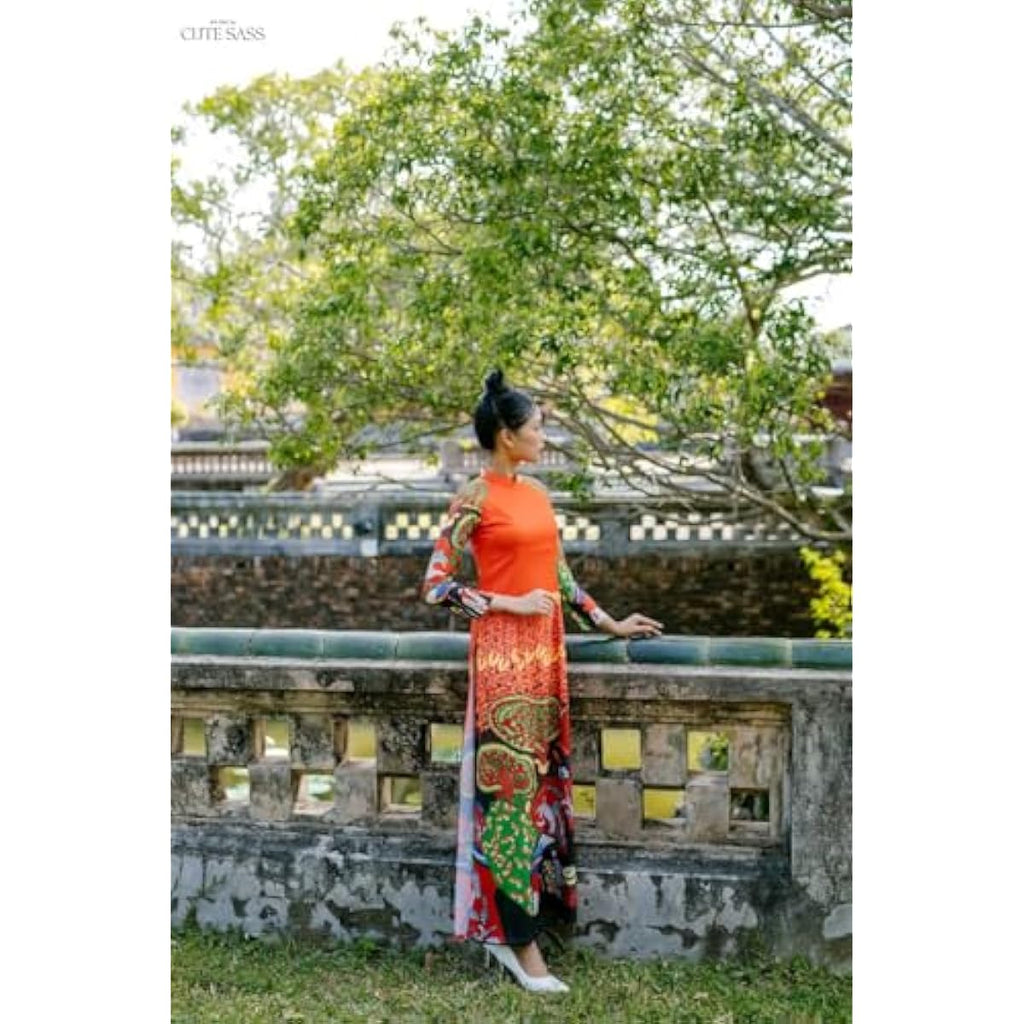 CuteSass Silk Orange Red Pattern Ao Dai Set, Pre-made Traditional Vietnamese Ao Dai, Women Ao Dai with Pants, Lunar New Year