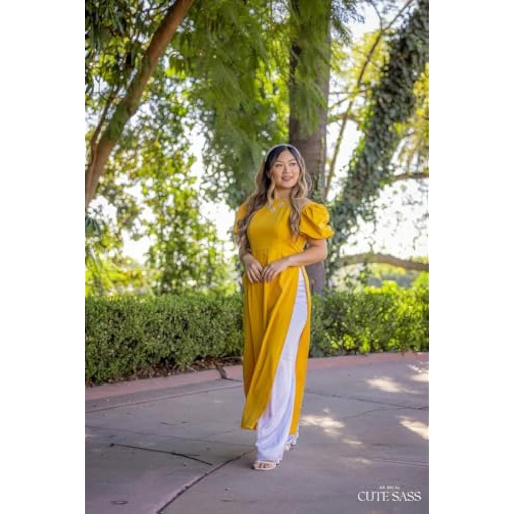 CuteSass Sparkle Puffy Sleeve Ao Dai Set | Pre-made Modernized Vietnamese Ao Dai | Women Ao Dai with Pants | Lunar New Year