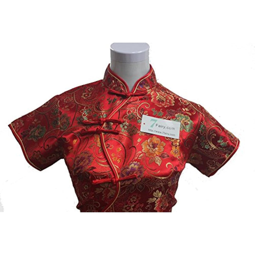 7Fairy Women's Red Long Chinese Floral Cheongsam Dress Ten Buttons