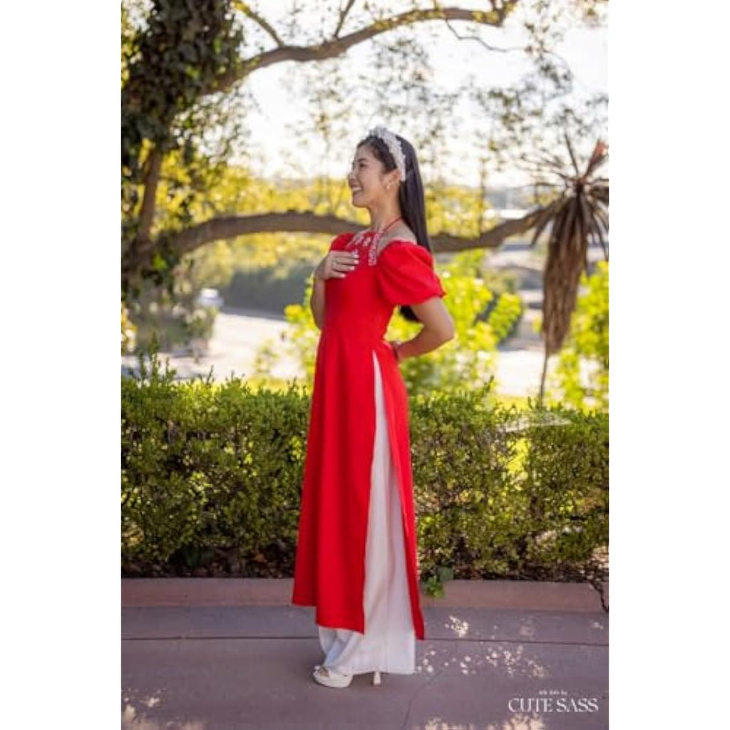 CuteSass Sparkle Puffy Sleeve Ao Dai Set | Pre-made Modernized Vietnamese Ao Dai | Women Ao Dai with Pants | Lunar New Year