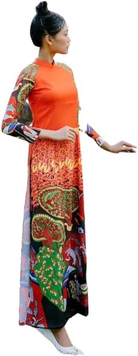 CuteSass Silk Orange Red Pattern Ao Dai Set, Pre-made Traditional Vietnamese Ao Dai, Women Ao Dai with Pants, Lunar New Year