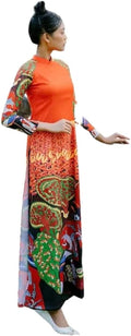 CuteSass Silk Orange Red Pattern Ao Dai Set, Pre-made Traditional Vietnamese Ao Dai, Women Ao Dai with Pants, Lunar New Year