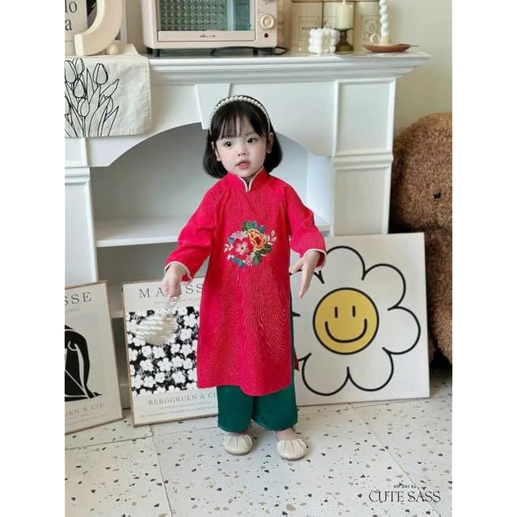 CuteSass Girl Embroidery Ao Dai Set (4 Colors) |Pre-made Vietnamese Ao Dai|Lunar New Year| Kid Ao Dai| Ao Dai for Girl