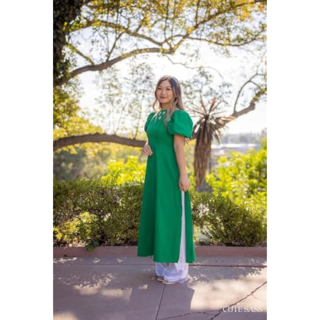 CuteSass Sparkle Puffy Sleeve Ao Dai Set | Pre-made Modernized Vietnamese Ao Dai | Women Ao Dai with Pants | Lunar New Year