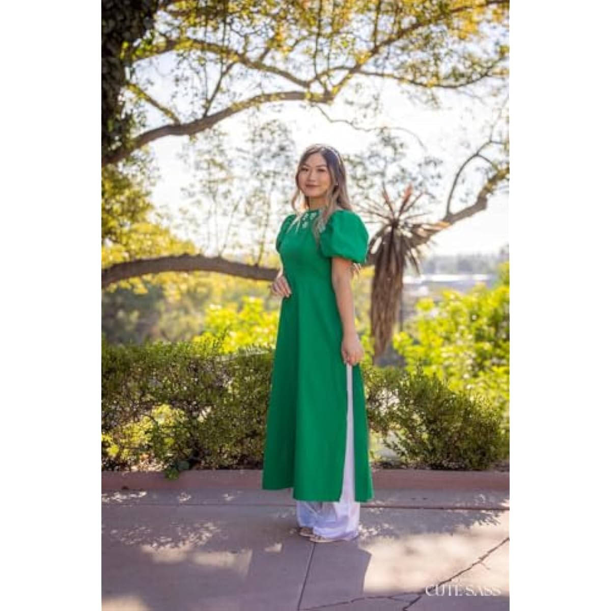 CuteSass Sparkle Puffy Sleeve Ao Dai Set | Pre-made Modernized Vietnamese Ao Dai | Women Ao Dai with Pants | Lunar New Year