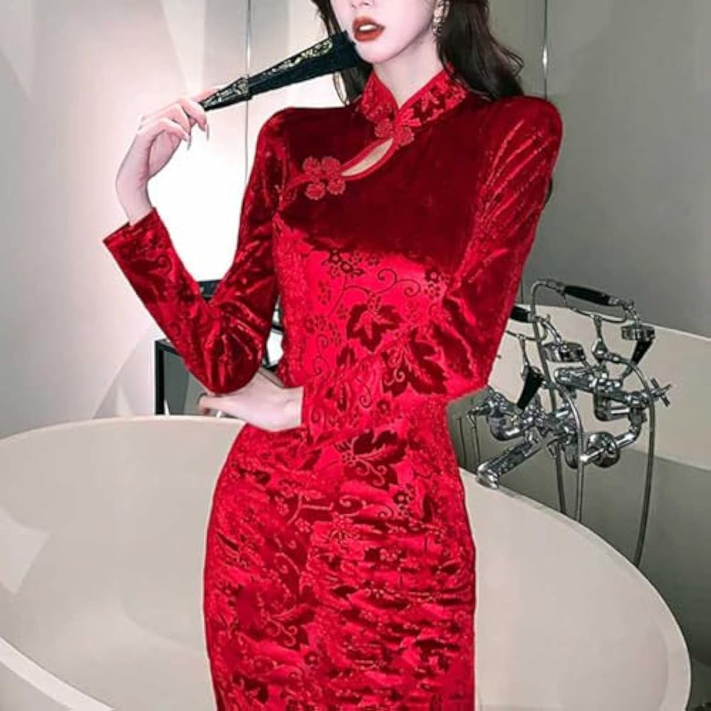 Women's Red Velvet Midi Cheongsam Qipao Dress Floral Embossed Chinese New Year Dress