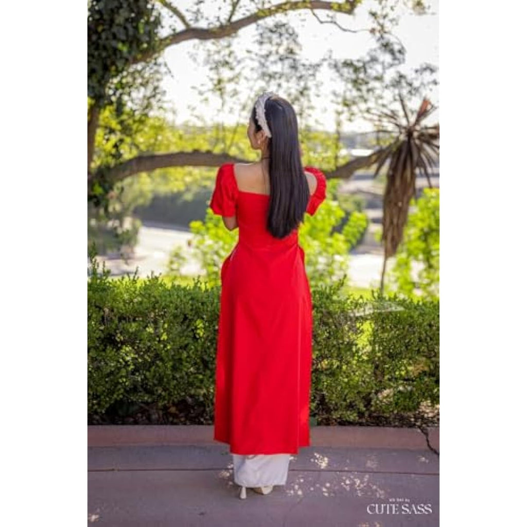 CuteSass Sparkle Puffy Sleeve Ao Dai Set | Pre-made Modernized Vietnamese Ao Dai | Women Ao Dai with Pants | Lunar New Year