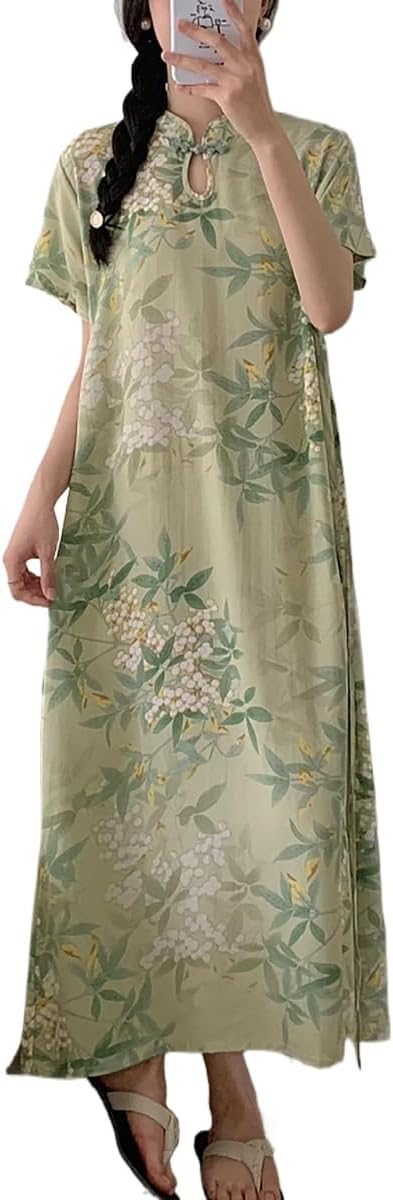 New Chinese Button Color Printed Retro Women's Short Sleeved Summer Loose and Niche Temperament Design Dress