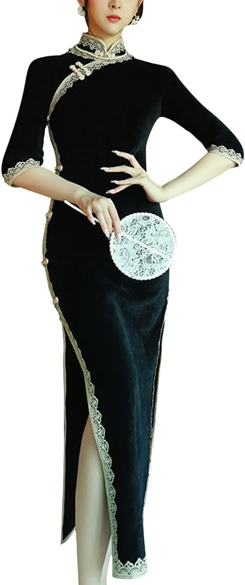 Women's Deluxe Corduroy Long Cheongsam Dress Vintage Half Sleeve Side Slit Chinese Qipao