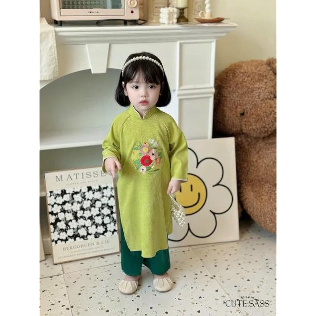 CuteSass Girl Embroidery Ao Dai Set (4 Colors) |Pre-made Vietnamese Ao Dai|Lunar New Year| Kid Ao Dai| Ao Dai for Girl