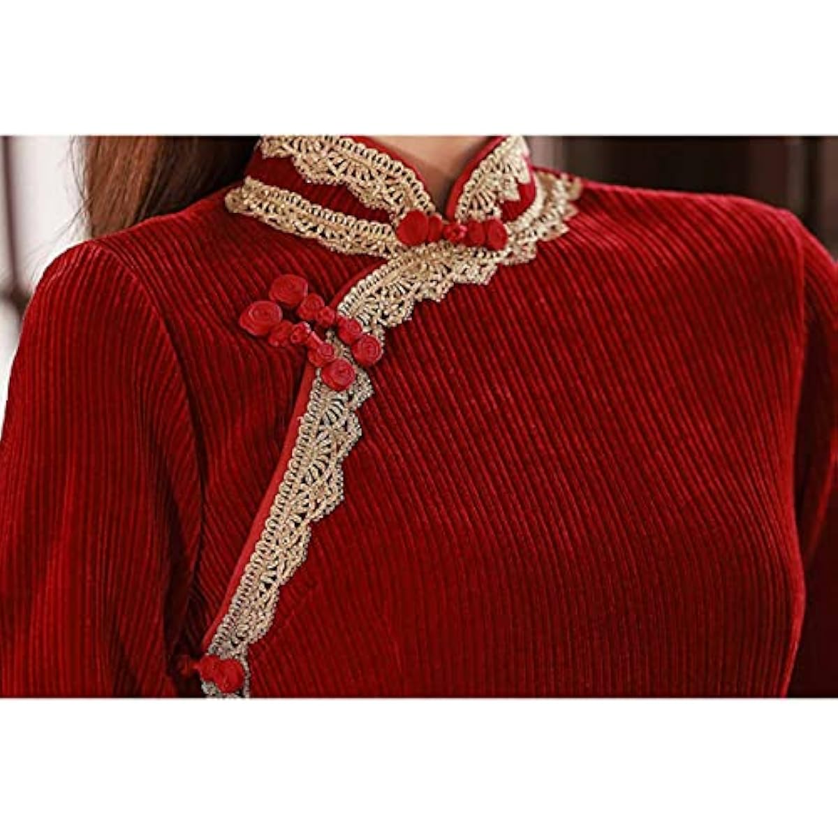 Women's Deluxe Corduroy Long Cheongsam Dress Vintage Half Sleeve Side Slit Chinese Qipao