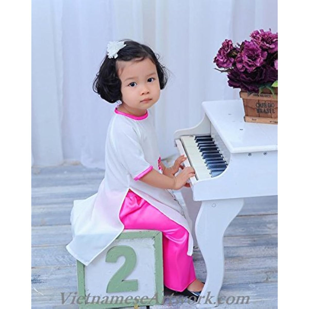 VietnameseArtwork.com Ao Dai for Children - Size#1 (Smaller Than US 1T - This Size is for Infant from 5 to 10 Months Old) Ao Dai with Embroidered Lotus and Pink Pants