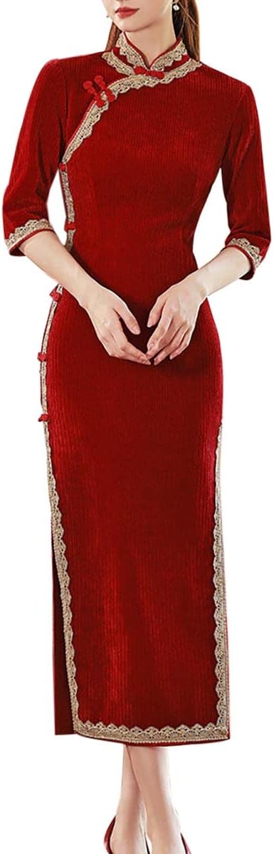 Women's Deluxe Corduroy Long Cheongsam Dress Vintage Half Sleeve Side Slit Chinese Qipao