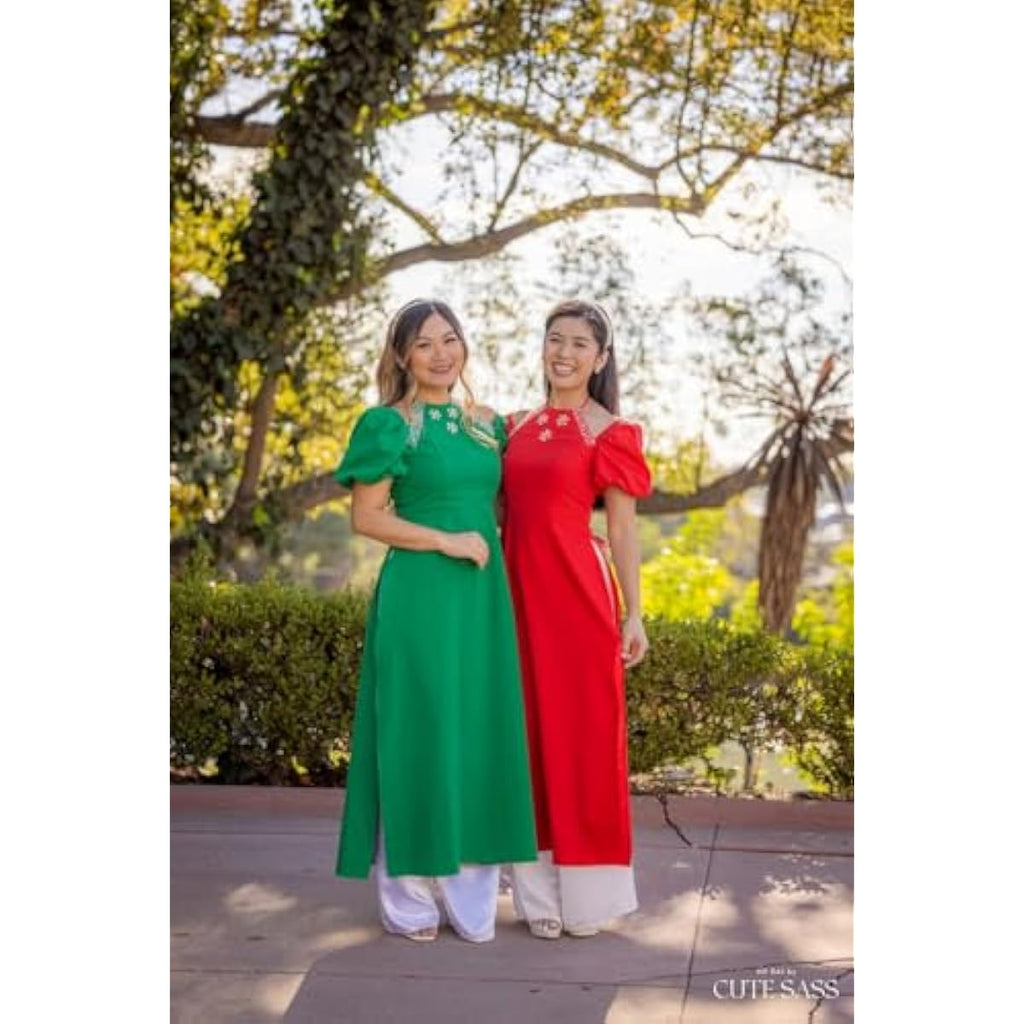 CuteSass Sparkle Puffy Sleeve Ao Dai Set | Pre-made Modernized Vietnamese Ao Dai | Women Ao Dai with Pants | Lunar New Year