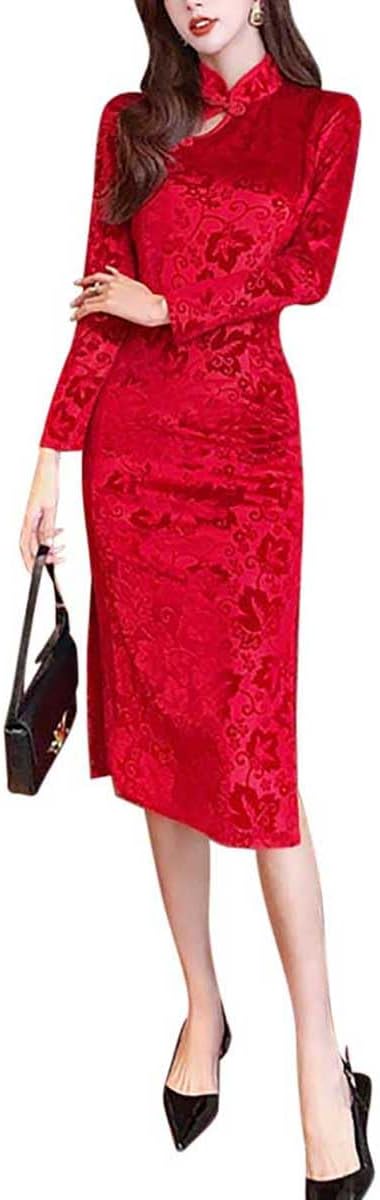Women's Red Velvet Midi Cheongsam Qipao Dress Floral Embossed Chinese New Year Dress